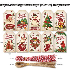 Pack of 100 Christmas Gift Tags, Gift Tags Christmas Kraft Paper, Christmas Tags Gift, Kraft Paper Labels Christmas, Gift Tags Kraft Paper (D)