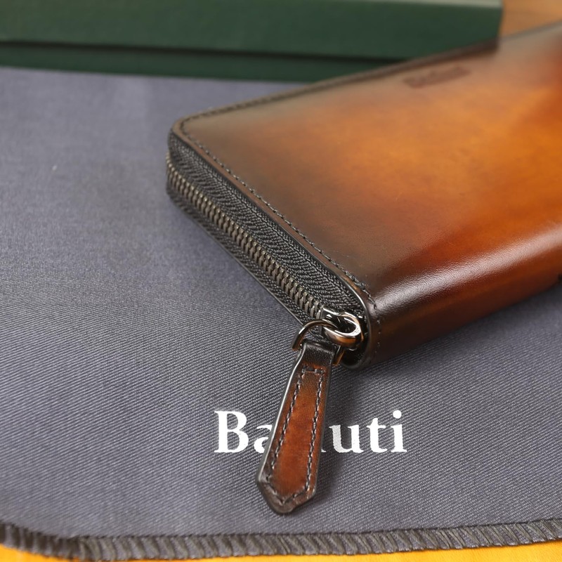 BATLUTI Men's Long Wallet, Round Zipper, Genuine Leather, Antique Leather,