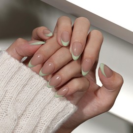 KQueenest Mint Green French Tip Press On Nails Short Almond, 30 Pcs Acrylic Press On Nails With Glue, Glossy Soft Gel Short Fake Nails Press ons, Reusable Natural Nude Glue on Nails for Women Summer