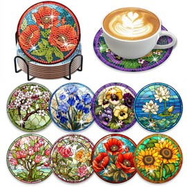 Mrnsiet 8 Pcs Flowers Diamond Painting Coasters Kits with Holder,DIY Diamond Art Coasters Kits with Wooden Pad for Adults Beginners,Diamond Painting Craft Kits for Adults Supplies Gift (Flowers).