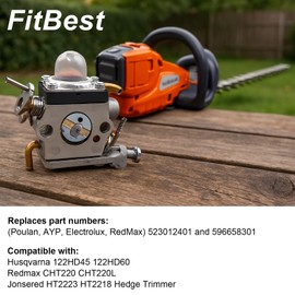 FitBest Carburetor with Air Filter Tune Up Kit for Husqvarna 122HD60 122HD45 Jonsered HT2223 HT2218 Redmax CHT220 CHT220L SuperLite Hedge Trimmer 523012401 596658301 Carb