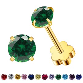 VDKIDKT Flower Screw Back Birthstone Stud Earrings for Women Girls, 3mm G23 Tiny CZ Flat Back Stud Earrings, Screw Back Helix Earrings (Gold, 5.May-Emerald)