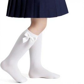3 Pairs Girls Knee High Cotton Socks School Long Seamless Comfortable Plain Socks with Ribbons Bow (White,XL,9-12 Years)