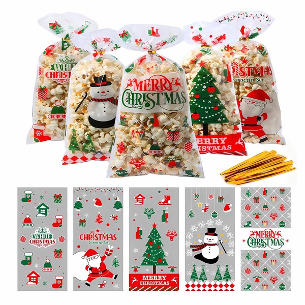 ZHOUHON Sacchetti Trasparenti per Confezioni 100pcs, Buste Biscotti Natale Sacchettini Alimentari Natalizi, Sacchetti per Biscotti con 120 Cravatte (Natale-1)