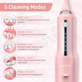 Sejoy Water Dental Flosser Teeth Pick Portable Cordless Oral Irrigator Rechargeable  - Pink With 5 Jet Tips