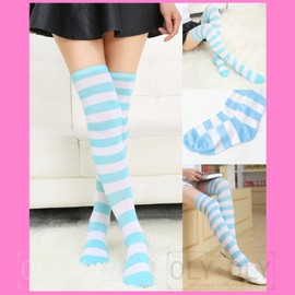OLYOLY [Set of 2] Extreme Shimajima Socks, Knee High Socks, Anicos Cosplay, Costume, Accessories, Loose Socks, Striped Border, Women's (07 Blue)