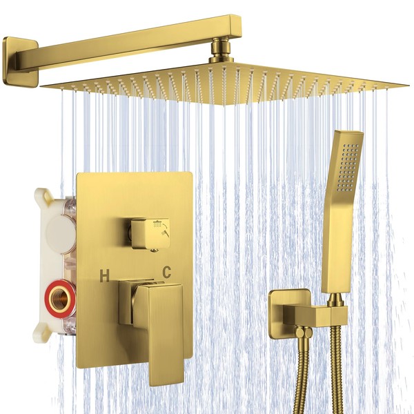 JOMEOO 12 Inch Brushed Gold Shower System, Wall Mounted High