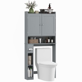 HOMCOM Over The Toilet Storage Cabinet, Modern Above Toilet Bathroom Organizer with 2 Doors, Storage Shelves, Toilet Paper Holder, Freestanding Space Saver for Bathroom, Laundry, Gray