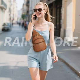 RAINSMORE Crossbody Bag For Women Small PU Leather Sling Bag Women Lightweight Cellphone Crossbody Purse Anti Theft Travel Chest Bag With Earphone Hole，Brown