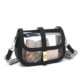 LOXOMU Clear Stadium Bag Crossbody Purse for Women, Flap Over Clear Bag for Stadium Events, Small Clear Bag See Through Shoulder Handbag for Concerts, Party, Sport Events (Black)