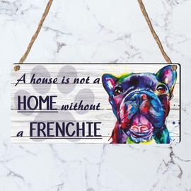 A House is Not a Home Without a Frenchie" - MDF Wooden Plaque with Vibrant Watercolour French Bulldog Design, 19cm x 9cm, Rustic Twine Hanging Sign for Dog Lovers, Ideal for Home Décor and Gifts