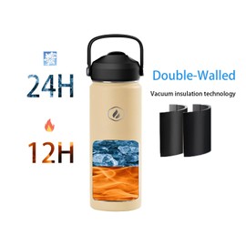 Siacotyan 22 OZ Insulated Water Bottle with Straw,Sports Water Bottle Stainless Steel Wide Mouth Bottle for Home,Gym,Travel Outdoor,Beige