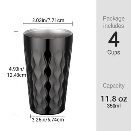 Beasea Stainless Steel Cups, 4 Pack 11.8 oz Stainless Steel Tumbler Bulk Stackable Double Wall Insulated Metal Pint Glasses Drinking Cup for Home Restaurant Office Party Camping - Black