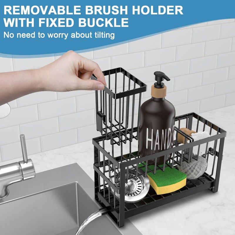 Hvisso 2-Tier Kitchen Sink Caddy with High Brush Holder, Sponge