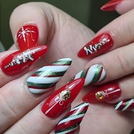 Christmas Press on Nails Medium Almond Winter Red False Nails With Designs - Christmas Tree & Candy Swirl Gold Glitter Glossy Glue on Xmas Acrylic Nails for Women Girls 24 Pcs