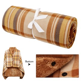 SIVENKE Fleece Wearable Blanket, Plaid Lap Blanket Comfy Poncho Plush Blankets Throw Women Shawl Wrap Cover Cape with Buttons for Bed Sofa Office 100 x 140cm