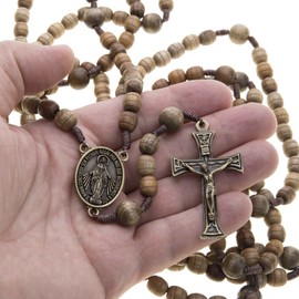 20 Decade Full Catholic Rosary 10-12mm Wood Beads 57" Long on Strong Cord Metal Miraculous Medal Center & Crucifix
