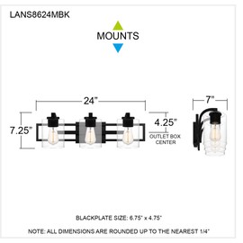 Quoizel LANS8624MBK Lansdowne Vanity, 3-Light 300 Total Watts, Matte Black