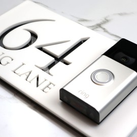 K Smart Sign | Left Text F32 | Bellissima Video Doorbell house sign door number plaques for Nest Ring Wifi doorbell plate mount | Matt White | 300mm x 160mm (Matt White & Black Marble Effect)