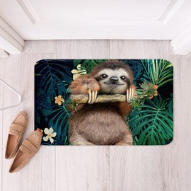 Cute Sloth Bath Mats Cartoon Animal Bath Mats Fluffy Soft Plush Funny Lazy Sloth Tropical Leaves Floral Print Bathroom Rug 50 x 80 cm Nature Themed Bedroom Decoration