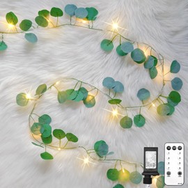 suddus Vines with Lights Plug in, 33ft 100 LED Eucalyptus Garland String Lights Connectable with Remote, Leaf Lights for Bedroom, Room, Wall, Garden, Party, Wedding Decor (Warm White)