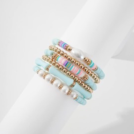 Sajidos Heishi Gold Beaded Bracelet Set for Women Stackable Colorful Acrylic Tube Polymer Clay Pearl Bead Stretch Bracelets Summer Beach Bohemian Bracelets Jewelry for Women