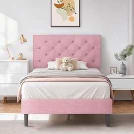 HOMBCK Twin Bed Frame, Upholstered Twin Bed Frame with Headboard, Pink Twin Bed Frame for Girls, Wood Slats, Linen Fabric, Button Tufted, No Box Spring Needed, Pink