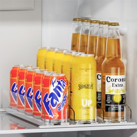 LAMU Drink Organizer for Fridge - [Stabilize-Speed Damper] Automatic Pusher Glide Soda Drink Can Dispenser Beverage Organizer for Refrigerator 14.96"D, Adjustable for 6-20oz