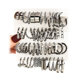 24 Pairs Black Silver Earring Set For Women, Chunky Earring Multipack Punk Trendy Big Small Stud Hoop Earring Lightweight Twisted Pearl Ear Pack For Daily Birthday Party Gift