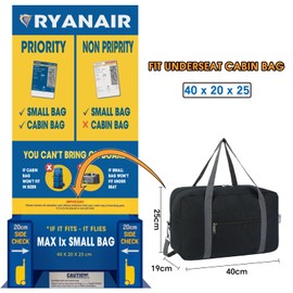 for Ryanair Airlines Underseat Cabin Bag 40X20X25 Foldable Travel Duffel Bag Holdall Tote Carry on Luggage Overnight for Women and Men 20L (Black (With Shoulder Strap))