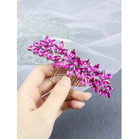 Brihasory Luxurious Wedding Hair Comb Full Rhinestones Bride Hair Accessories for Party Prom Bridal Side Hair Combs for Women Bride Girls Hair Decoration (Rose Red)