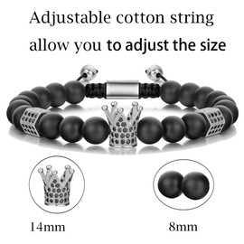 SEVENSTONE 8mm Crown King Charm Bracelet for Men Women Black Matte Onyx Stone Beads, 7.5" (Silver tone)