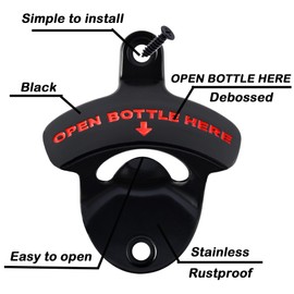 Luwanburg Bottle Opener Wall Mounted Beer Cap Opener Stainless, OPEN BOTTLE HERE Screw in Wall Soda Bottle Top Opener Gift (Black with Red)