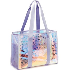 JIANYA Beach Bag for Women, Iridescent Tote Bag Waterproof Sandproof Tip-proof Swim Pool Bag, Flamingo