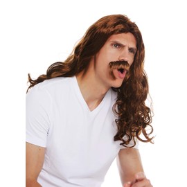 WIG ME UP - 70666-FR6-8 Wig and Beard Carnival Men's Long Wavy Curly Brown Medieval Viking Bard 70s Hippie