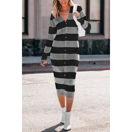 PRETTYGARDEN Women's Fall Sweater Dresses 2025 Long Sleeve V Neck Button Ribbed Knit Stripes Bodycon Midi Winter Dress(Grey,Medium)