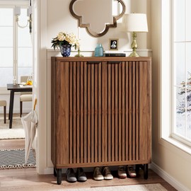 Tribesigns 6-Tier Shoe Cabinet with Louvered Doors, Large Wooden Shoe Storage Cabinet with Adjustable Shelves, Modern Freestanding Shoe Organizer Cabinet for Entryway, Hallway (Walnut)
