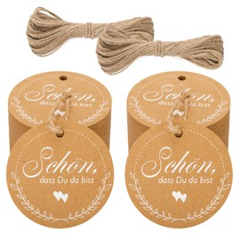 jijAcraft Round Gift Tags "Schön dass du da Bist" Kraft Paper Labels 5 cm, Pack of 100 Hanging Labels with Jute String for Crafts, Wedding, Christmas, Gift Wrapping (Brown)