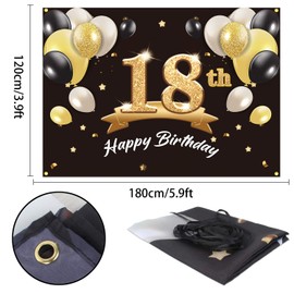PAKBOOM Happy 18th Birthday Banner Backdrop - 18 Birthday Party Decorations Supplies for Men- Black Gold 4 x 6ft