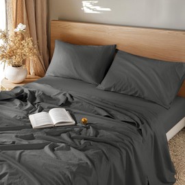 LBRO2M Linen Sheet French Flax Sheet Cotton Linen Blend Sheets Deep Pocket 16 Inch, 4 Pcs Bedding Sheet King Sheet Set, Soft, Breathable, All Season (King, Dark Gray)