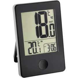 TFA Dostmann Pop Funk-Thermometer, Außen- oder Innentemperatur in Großformat, Anzeige der Uhr,L 60 x B 23 (50) x H 90 mm, Schwarz