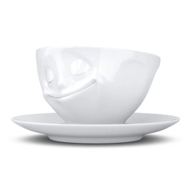 TASSEN Porcelain Coffee Cup with Saucer, Happy Face Edition, 6.5 oz. White (Single Cup & Saucer)