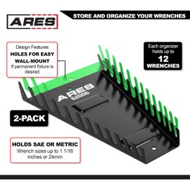 ARES 62060 – 2-Piece 12-Slot Green and Black Metal Magnetic Wrench Organizer Set - Sturdy Metal Racks Store up to 12 SAE and Metric Wrenches and Keep Your Garage Organized