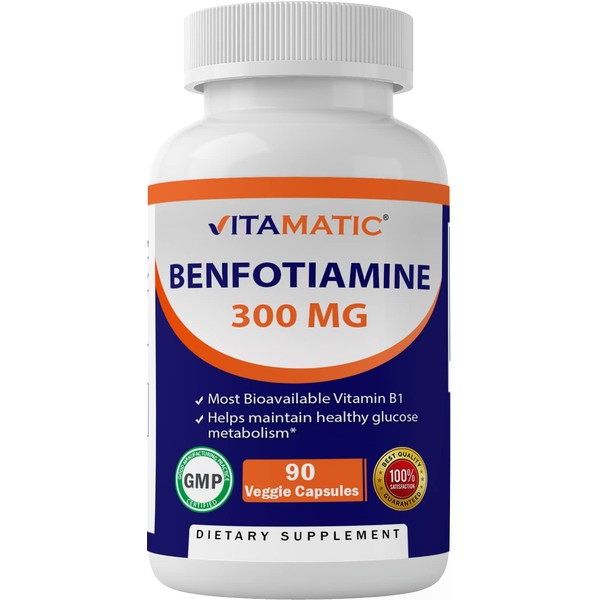 Vitamatic Benfotiamine 300 mg 90 Vegetarian Capsules - Also Called Fat Soluble Vitamin B1 (90 Count (Pack of 1)) (1 Bottle)