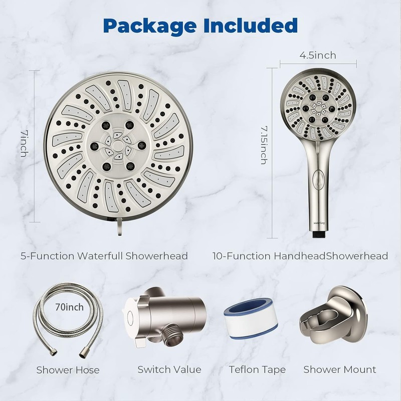 Watersong Shower Heads with Handheld Spray Combo 6-Setting Showerhead with