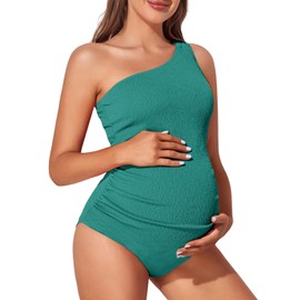 Summer Mae Maternity Swimsuit One Piece One Shoulder Ribbed Pregnancy Bathing Suit Pine Green Small