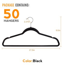 TIMMY 50 Plastic Hangers 17.7 Inch - Velvet Non-Slip, Space Saving Closet Organizers, Heavy Duty Slim Hangers for Pants, Shirts, Coats (Black, Ultra Thin & Durable)