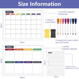 3-Pack Magnetic Dry Erase Calendar Whiteboard Set for Fridge,Wall, Monthly, Weekly & Daily Planners,Magnetic Whiteboard with 8 Markers & Eraser, Perfect as Family Reminder and Memo Board