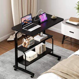 SogesHome 31.5 inches Adjustable Table Mobile Bed Table Portable Laptop Computer Stand Desks with Rolling Wheels, Three-Hole Sockets and USB Ports，Black