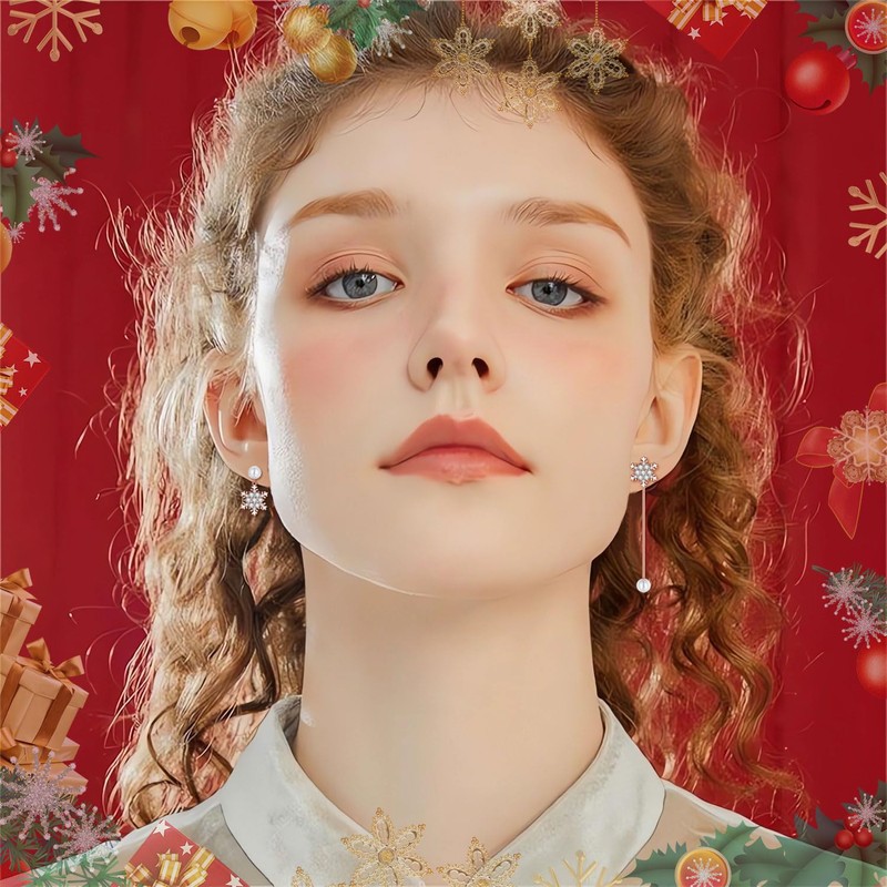 Hasnsofie Silver Christmas Earrings Hanging, 925 Sterling Silver Snowflake Stud